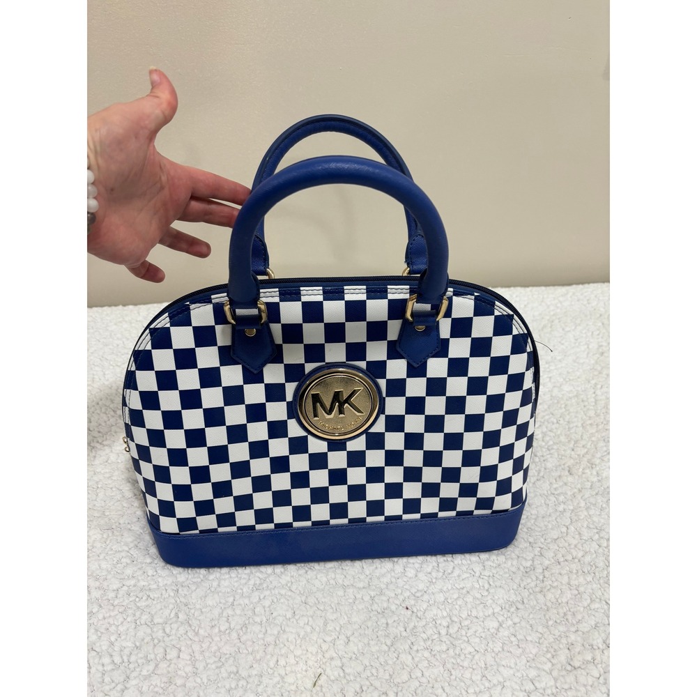 Michael Kors Womens Blue White Checkered Satchel Handbag Purse Vintage Casual - Picture 8 of 8